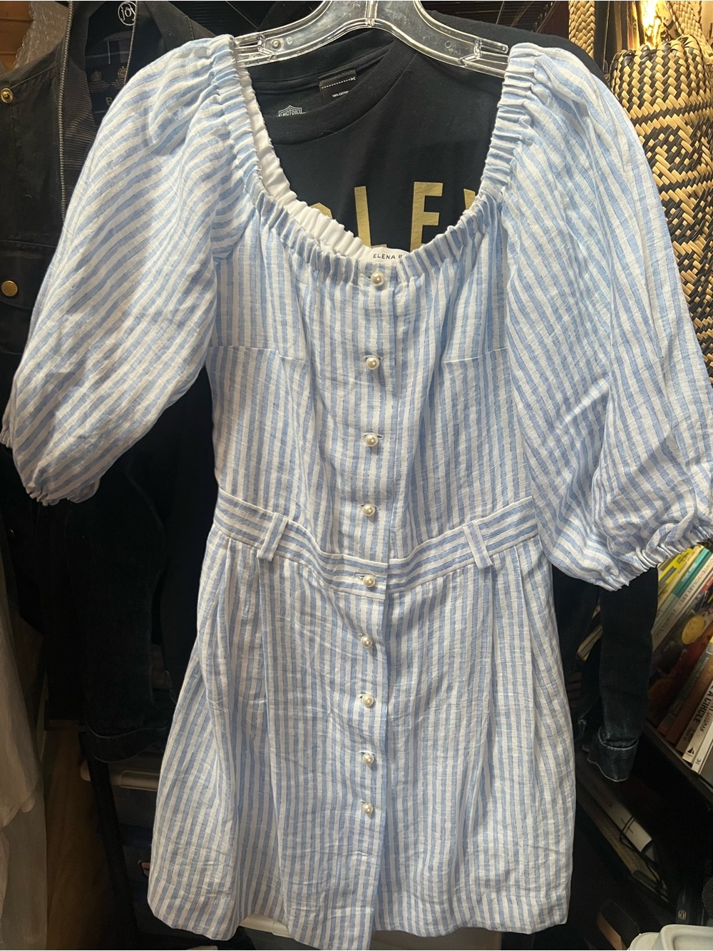 Gently worn Blue and White Striped Puff-Sleeve Mini Dress
